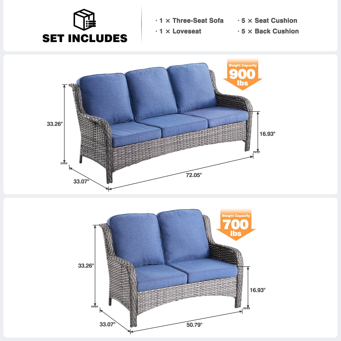 OVIOS Patio Kenard 2-Piece Conversation Set with Loveseat and Three-seat Couch