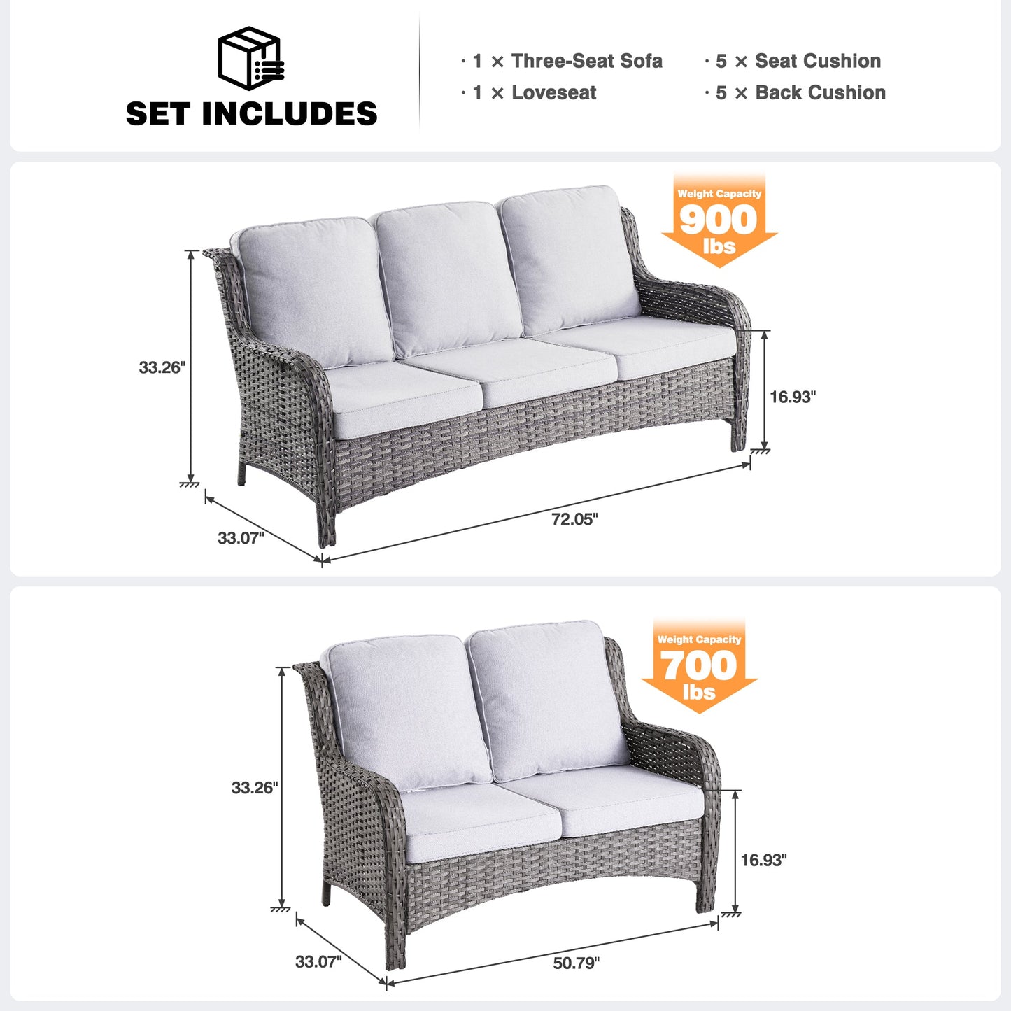 OVIOS Patio Kenard 2-Piece Conversation Set with Loveseat and Three-seat Couch
