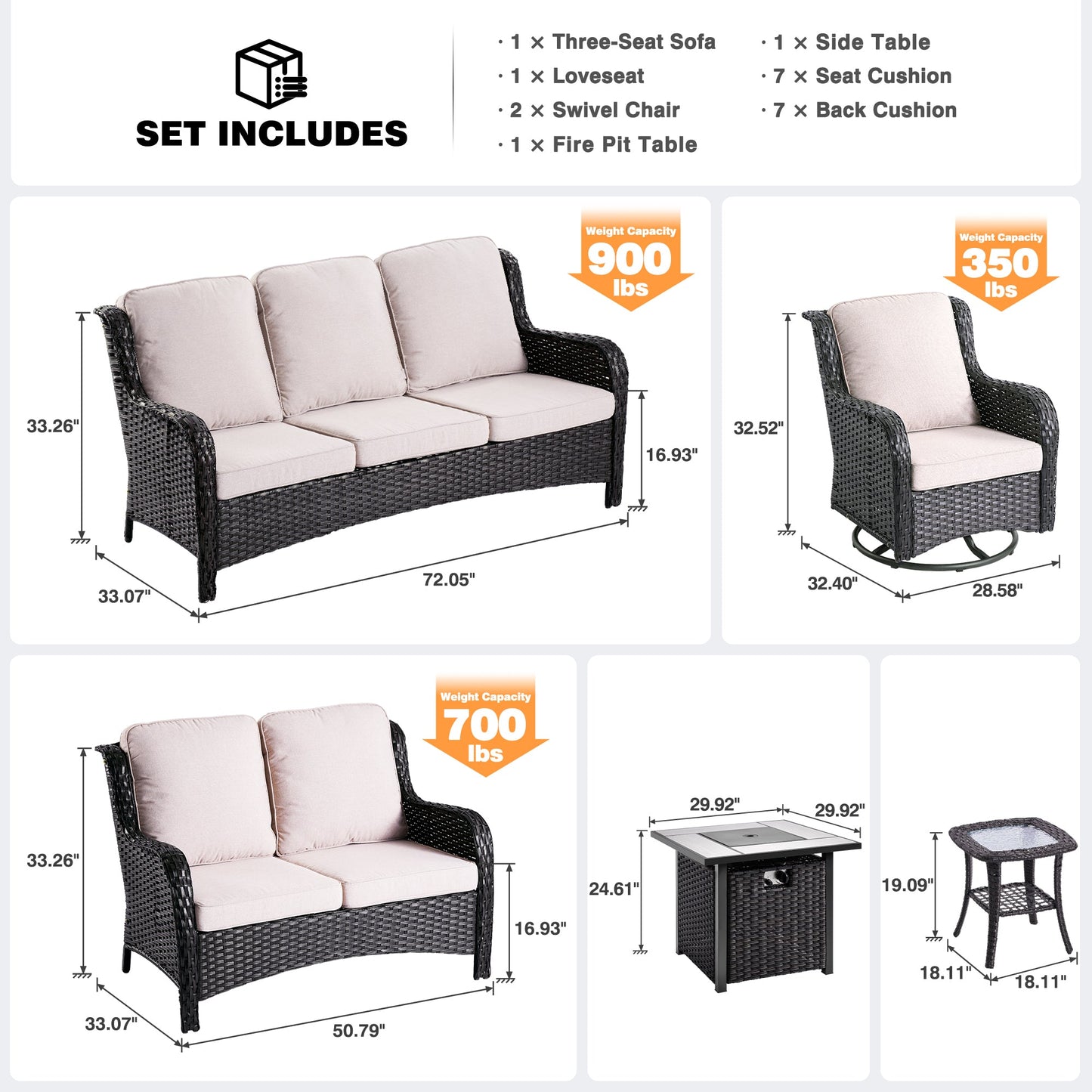 OVIOS Patio Kenard 6-Piece Conversation Set with 42'' Rectangle Propane Fire Pit Table and Rocking Chairs