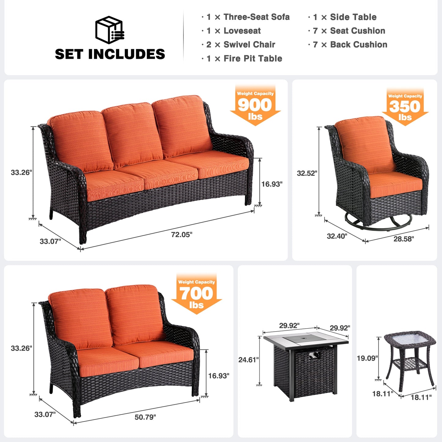 OVIOS Patio Kenard 6-Piece Conversation Set with 42'' Rectangle Propane Fire Pit Table and Rocking Chairs
