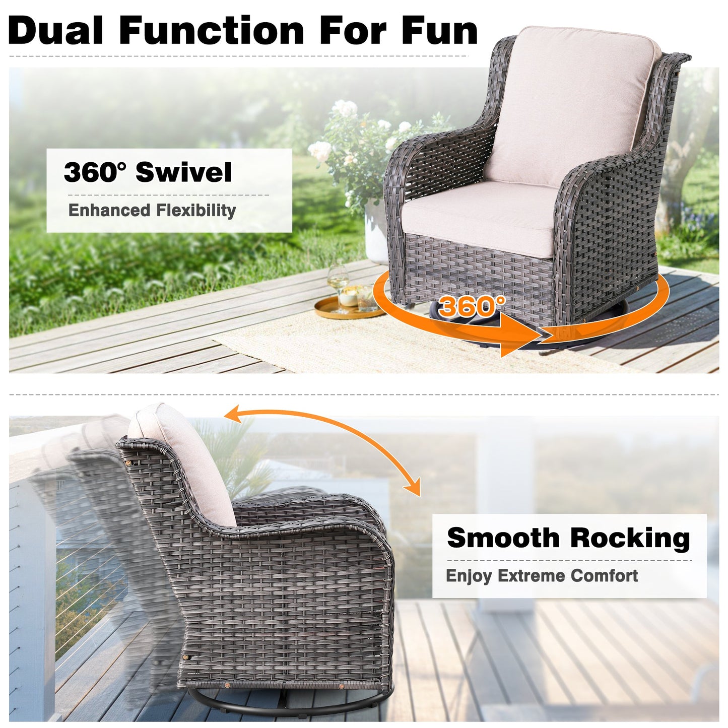 OVIOS Patio Furniture Set 3-Piece with Swivel Chairs and Side Table Kenard