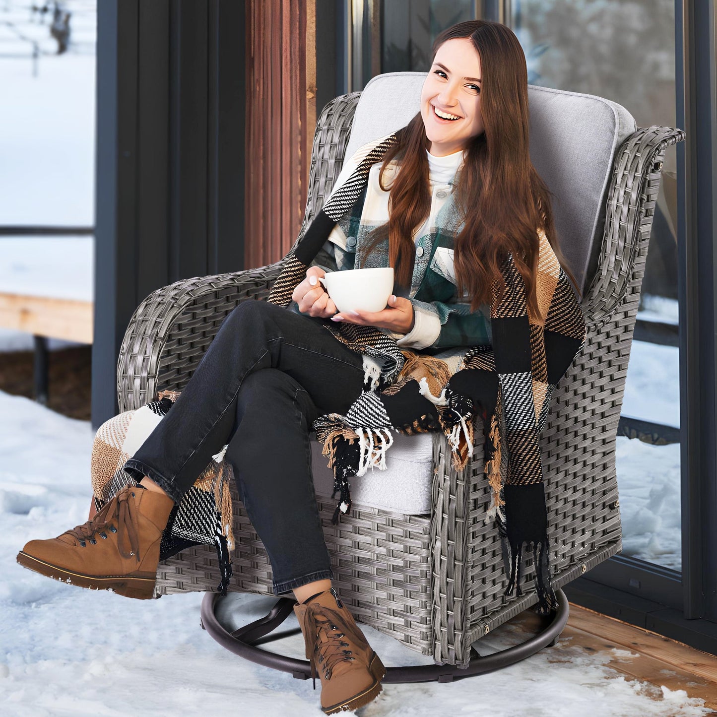 Ovios Patio Kenard 5-Piece Conversation Set with Loveseat and Swivel Rocking Chairs