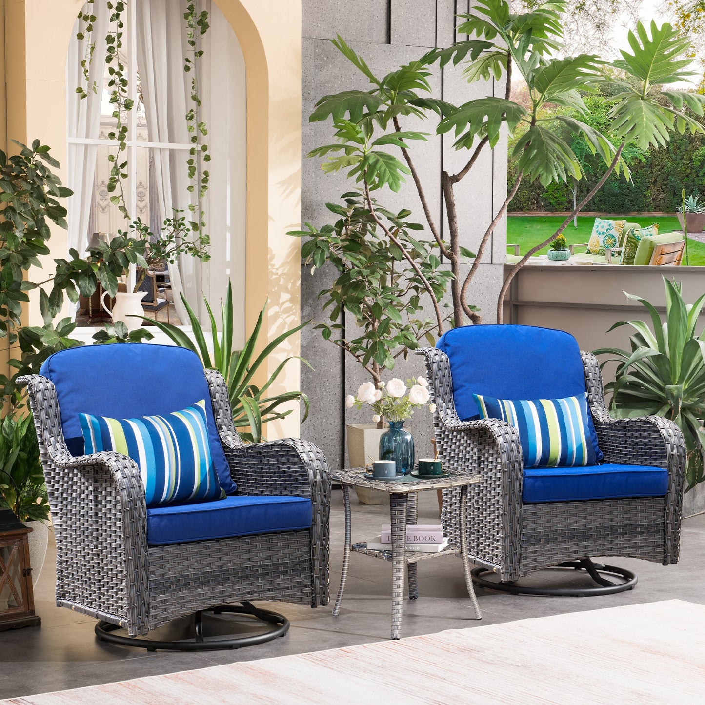 OVIOS Patio Furniture Set 3-Piece with Swivel Chairs and Side Table Kenard