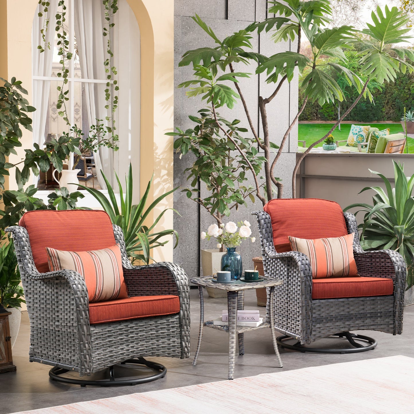 OVIOS Patio Furniture Set 3-Piece with Swivel Chairs and Side Table Kenard