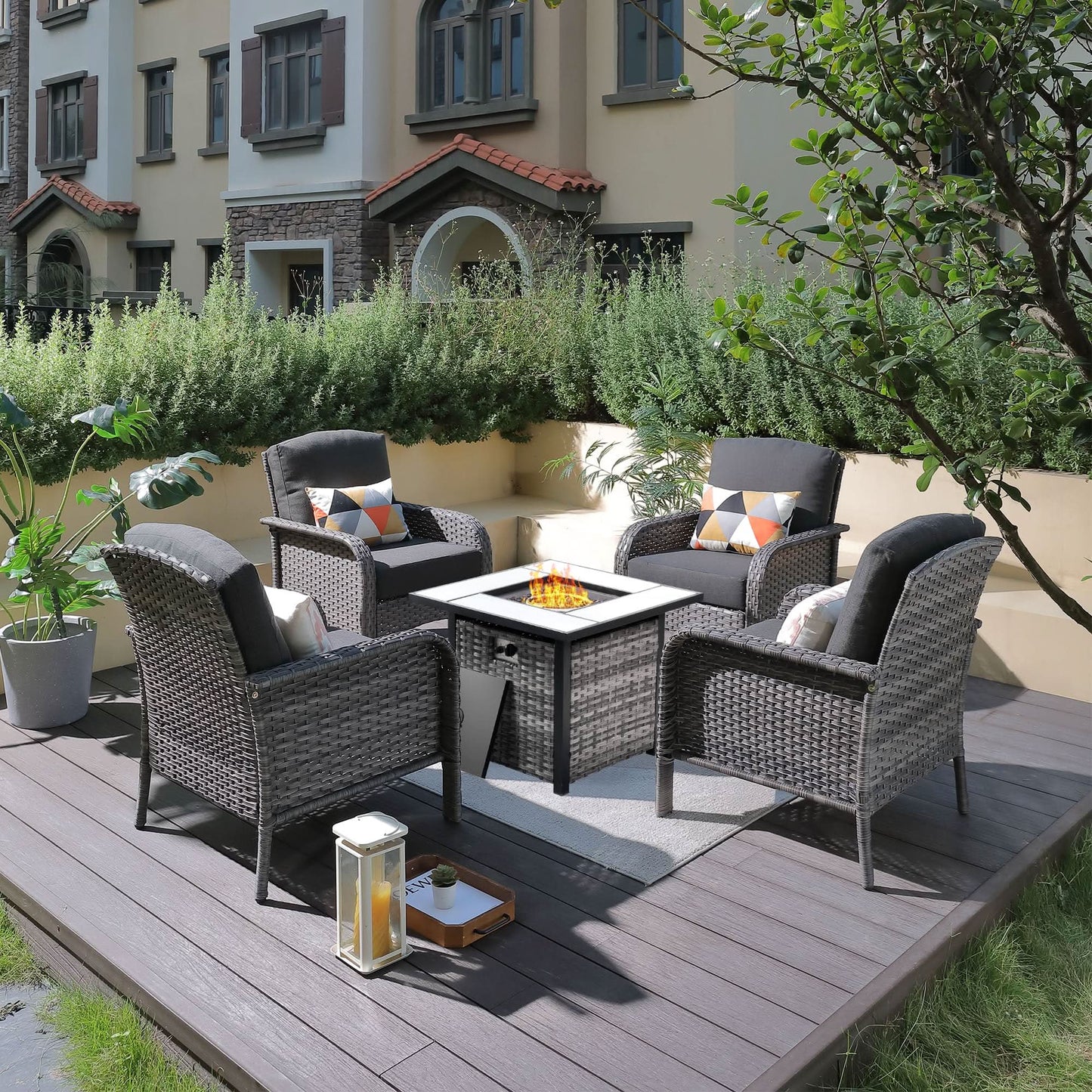 OVIOS 5-Piece Patio Set with Fire Pit Table,All Weather Grey Wicker Chairs & Cushions