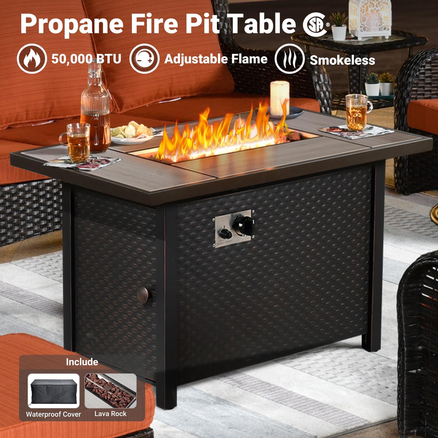 Ovios 6 Pieces Patio Furniture Set with 42" Firepit Table, Outdoor Wicker Sofa with Ottomans