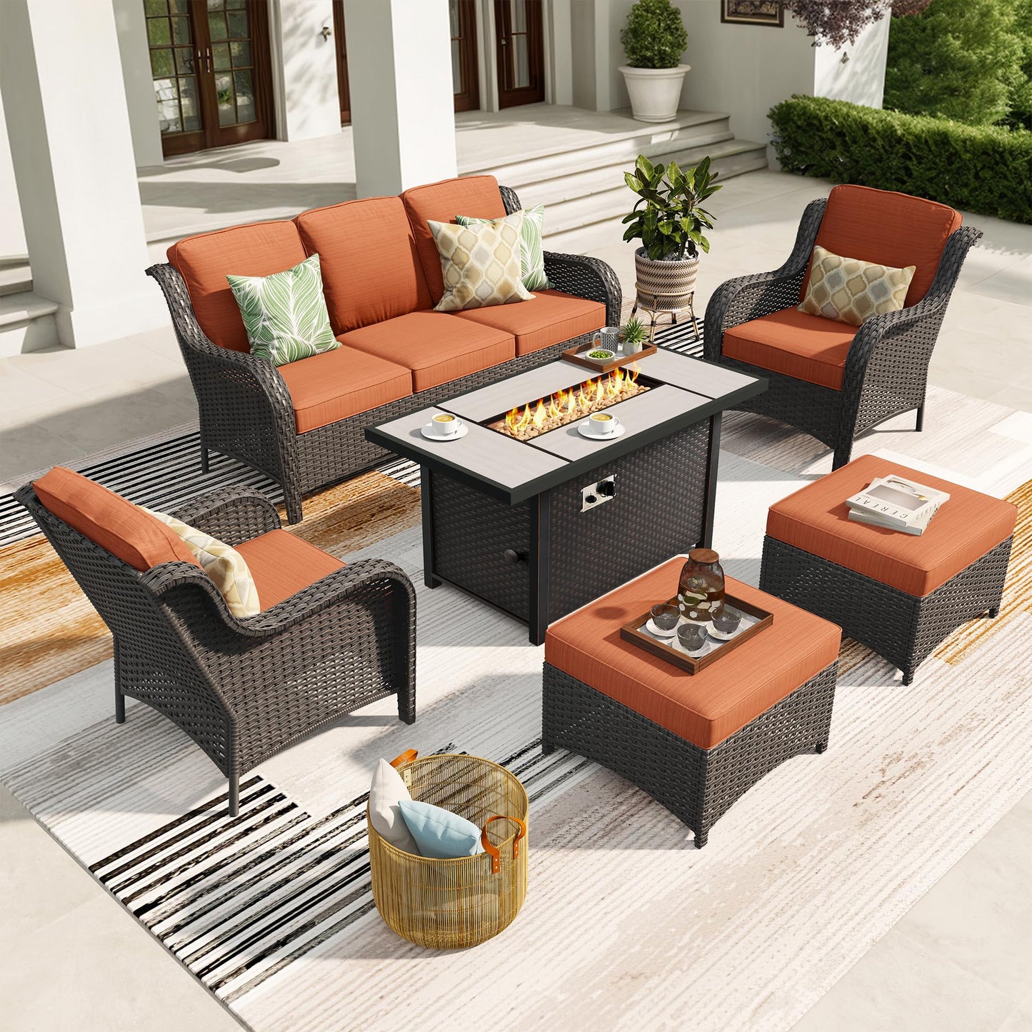 Ovios 6 Pieces Patio Furniture Set with 42" Firepit Table, Outdoor Wicker Sofa with Ottomans
