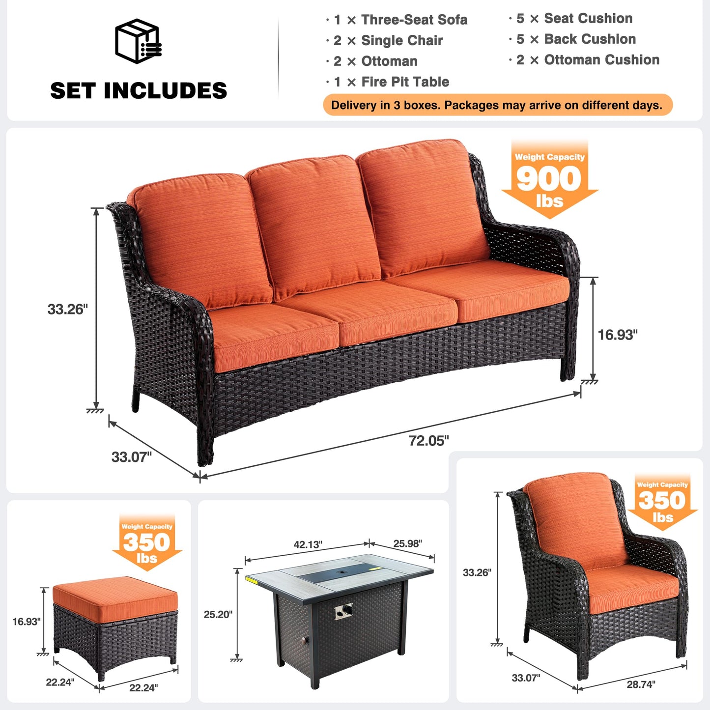 Ovios 6 Pieces Patio Furniture Set with 42" Firepit Table, Outdoor Wicker Sofa with Ottomans