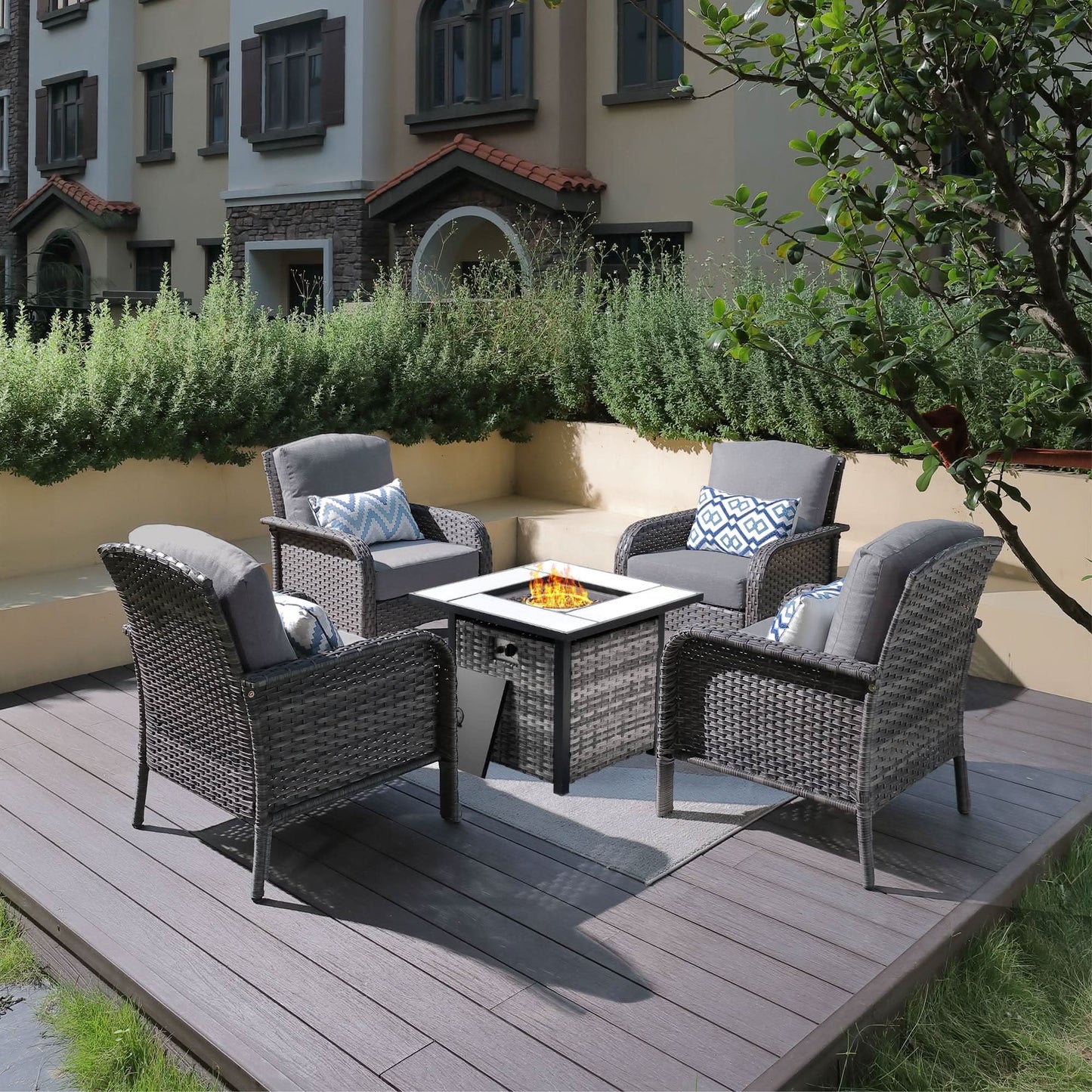 OVIOS 5-Piece Patio Set with Fire Pit Table,All Weather Grey Wicker Chairs & Cushions