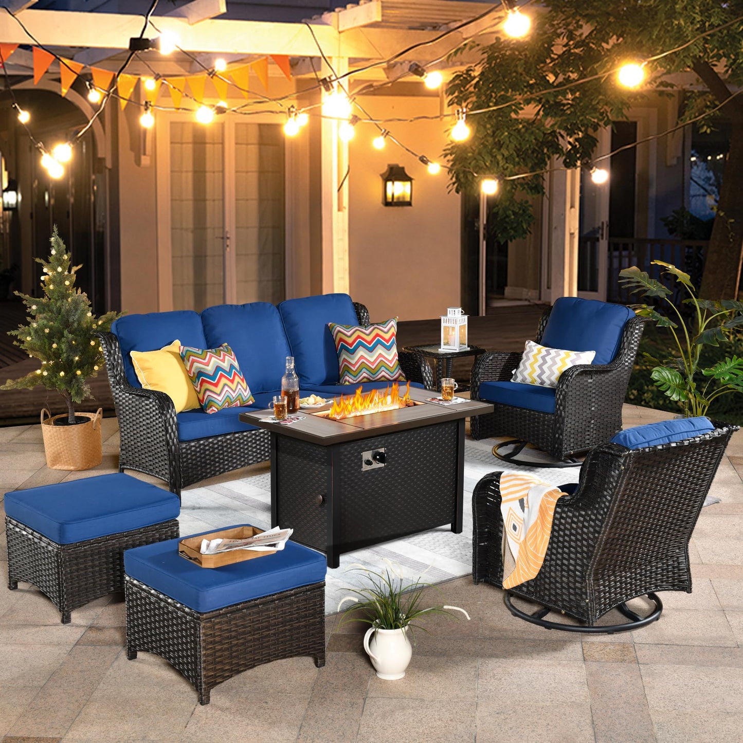 OVIOS Outdoor Furniture 7-Piece with 42'' Fire Pit Table and Kenard 2 Rocking Chairs