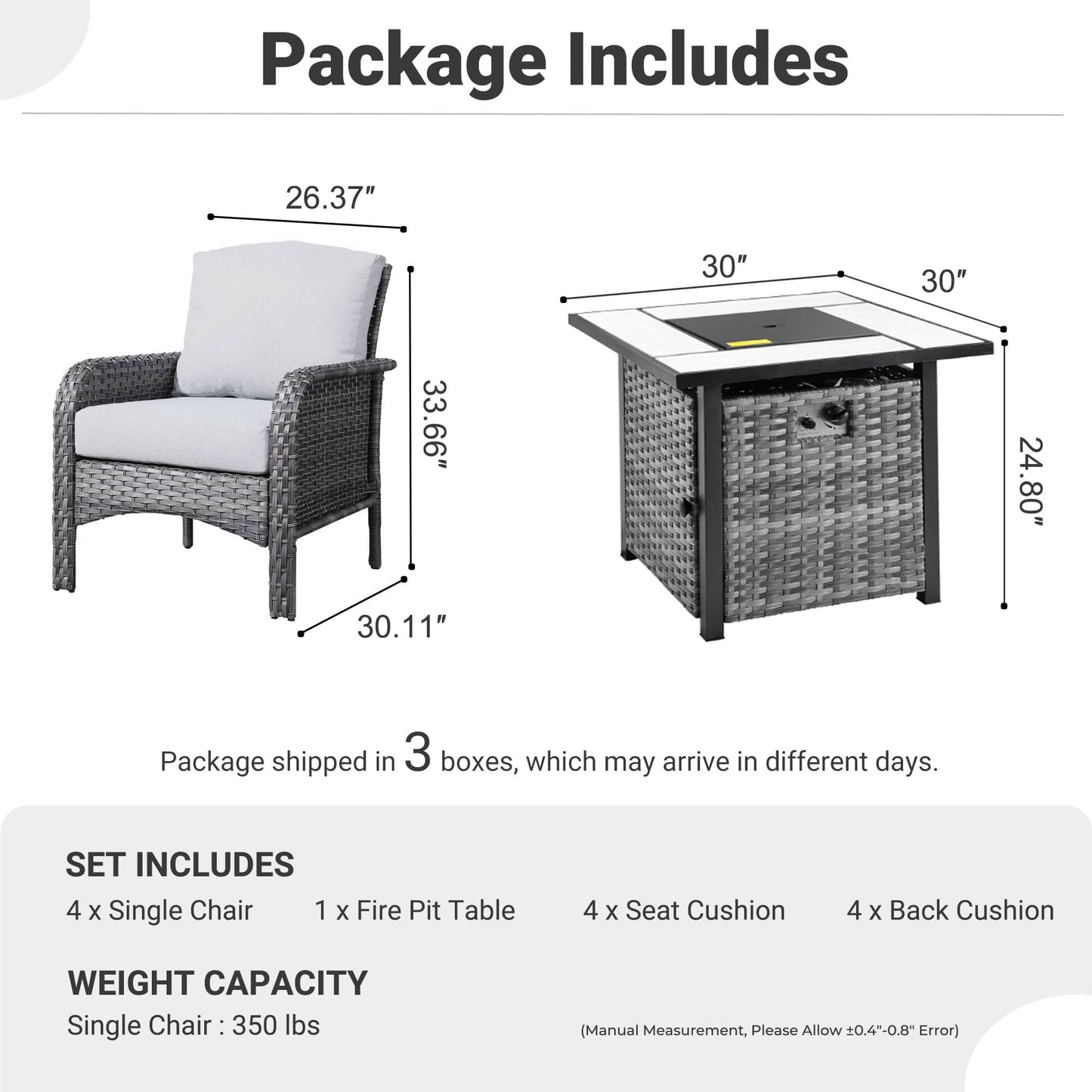 OVIOS 5-Piece Patio Set with Fire Pit Table,All Weather Grey Wicker Chairs & Cushions