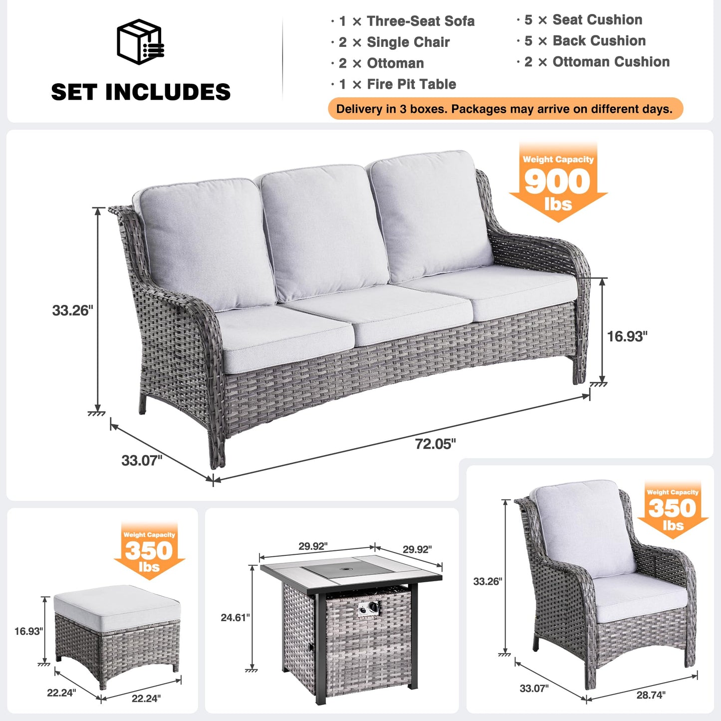 Ovios Patio Conversation Set 6-Piece with 30' Fire Pit Table and Kenard Set