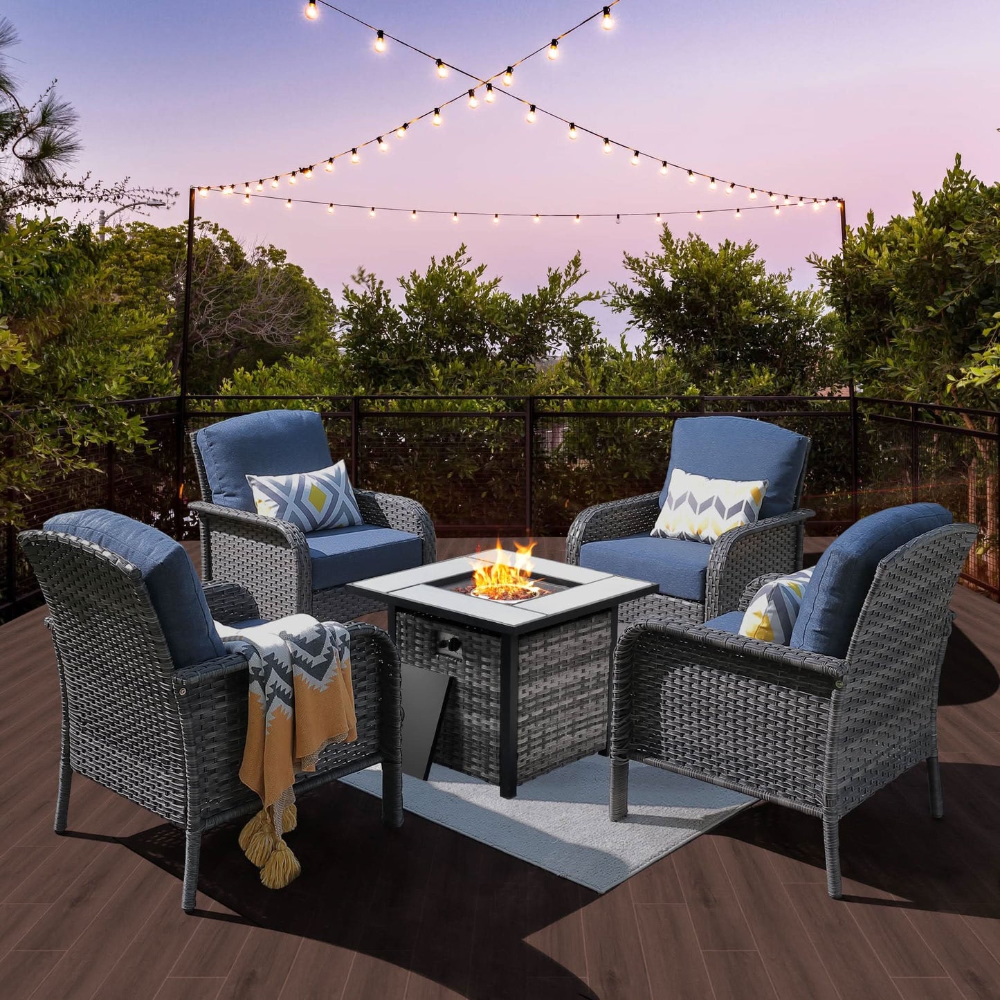 OVIOS 5-Piece Patio Set with Fire Pit Table,All Weather Grey Wicker Chairs & Cushions