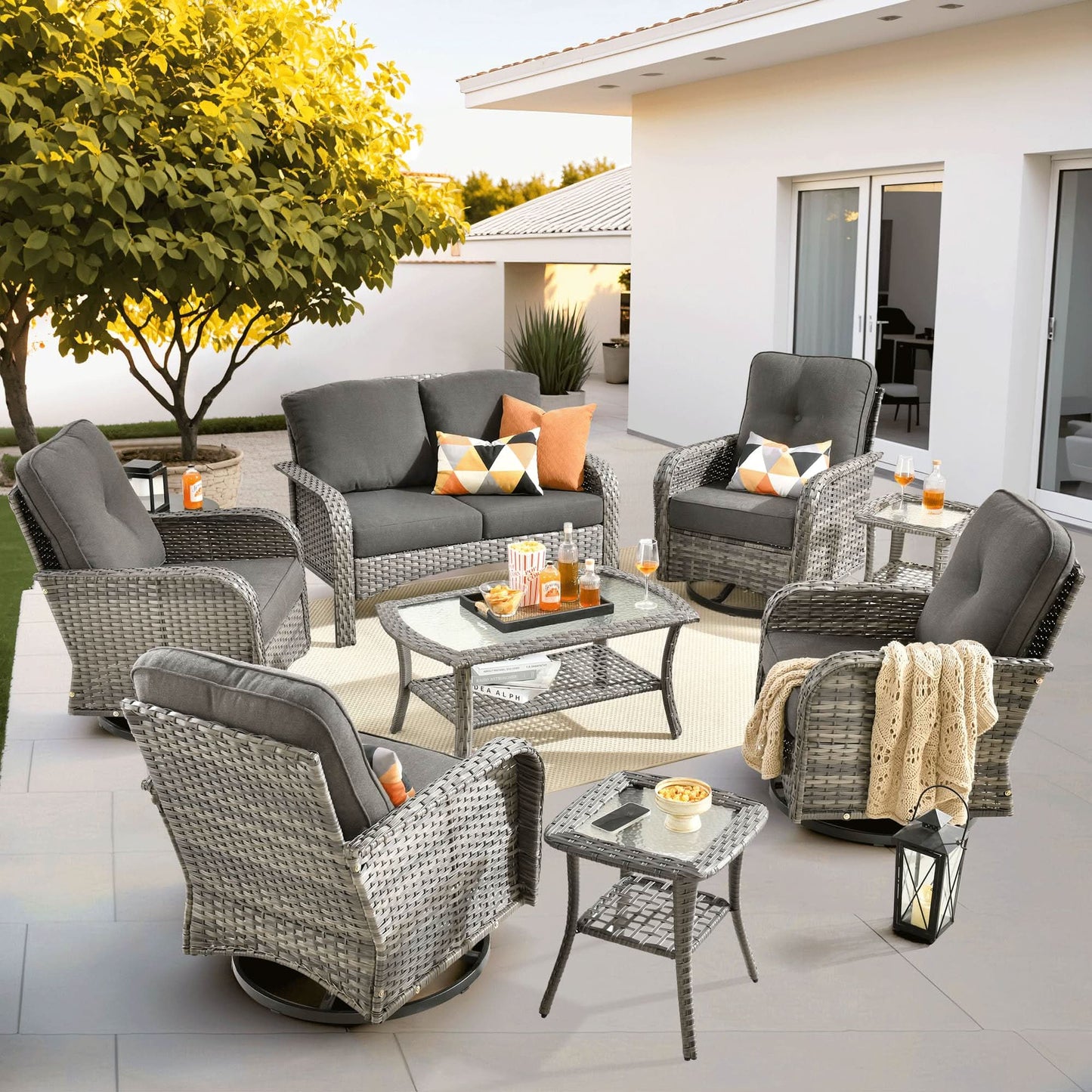 OVIOS 8 Pieces Patio Furniture Set, Outdoor Wicker Sofa with Swivel Chairs