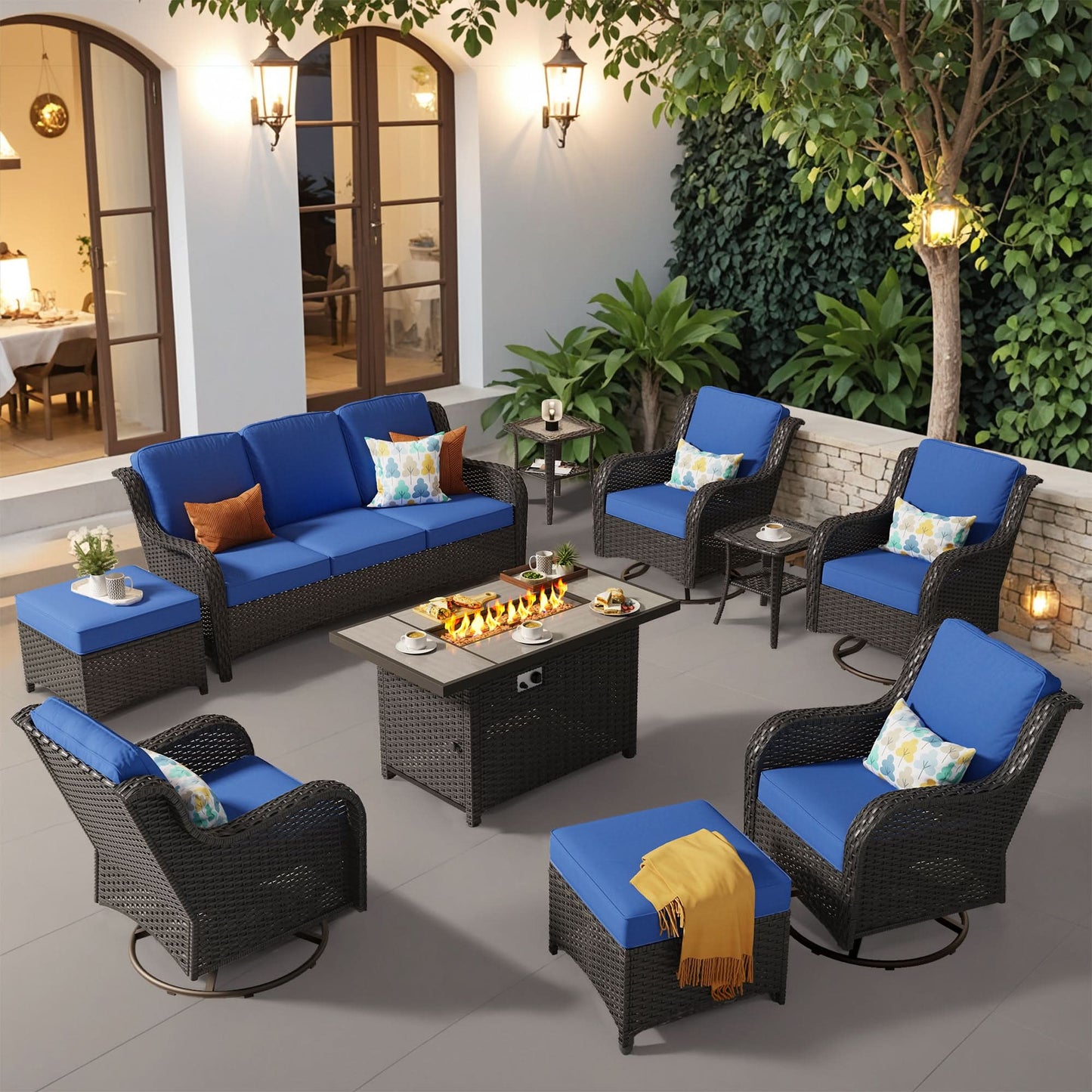 Ovios 10 Pieces Patio Furniture Set with Fire Pit Table Outdoor Wicker Sofa Loveseat and Swivel Rocking Glider Chairs