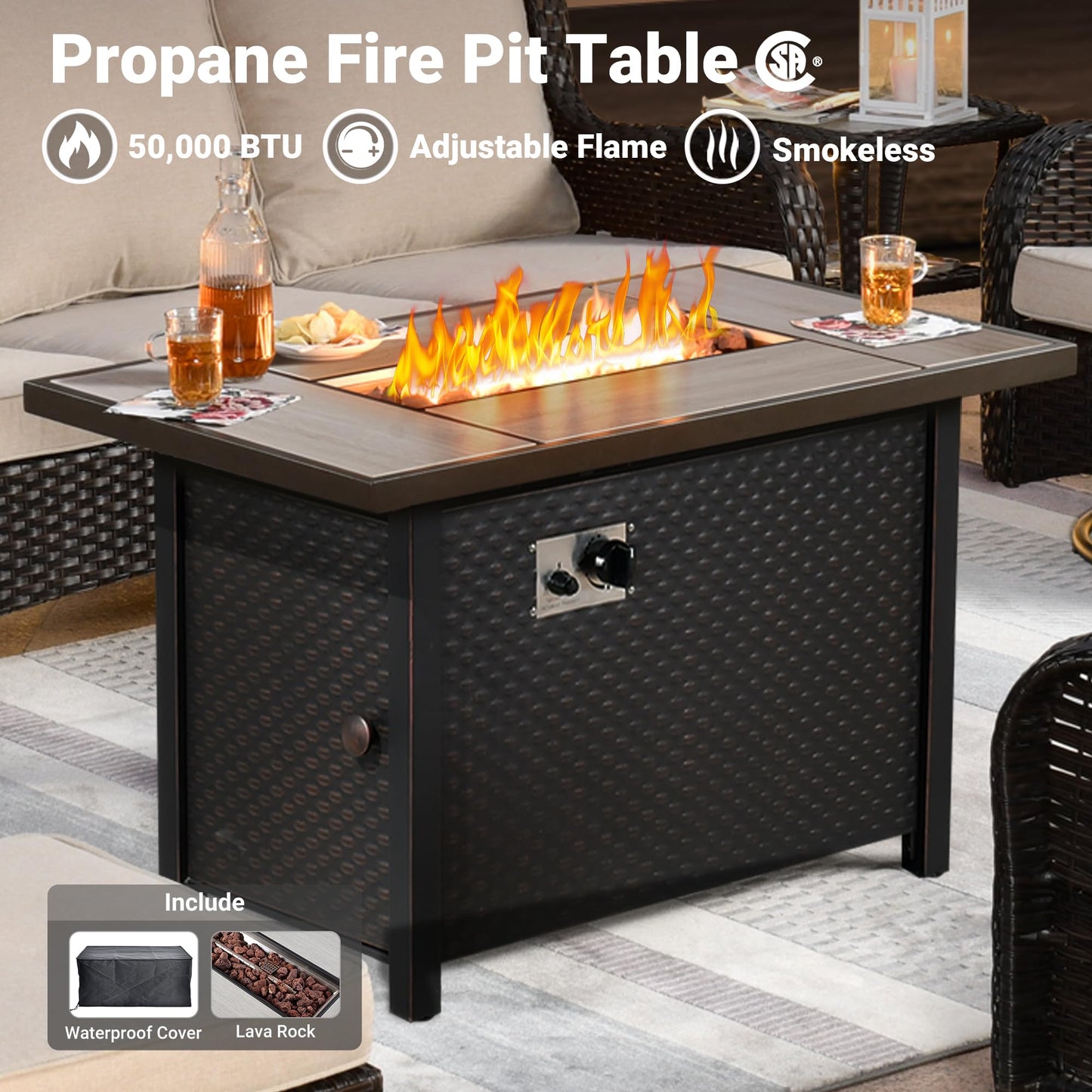 Ovios 6 Pieces Patio Furniture Set with 42" Firepit Table, Outdoor Wicker Sofa with Ottomans