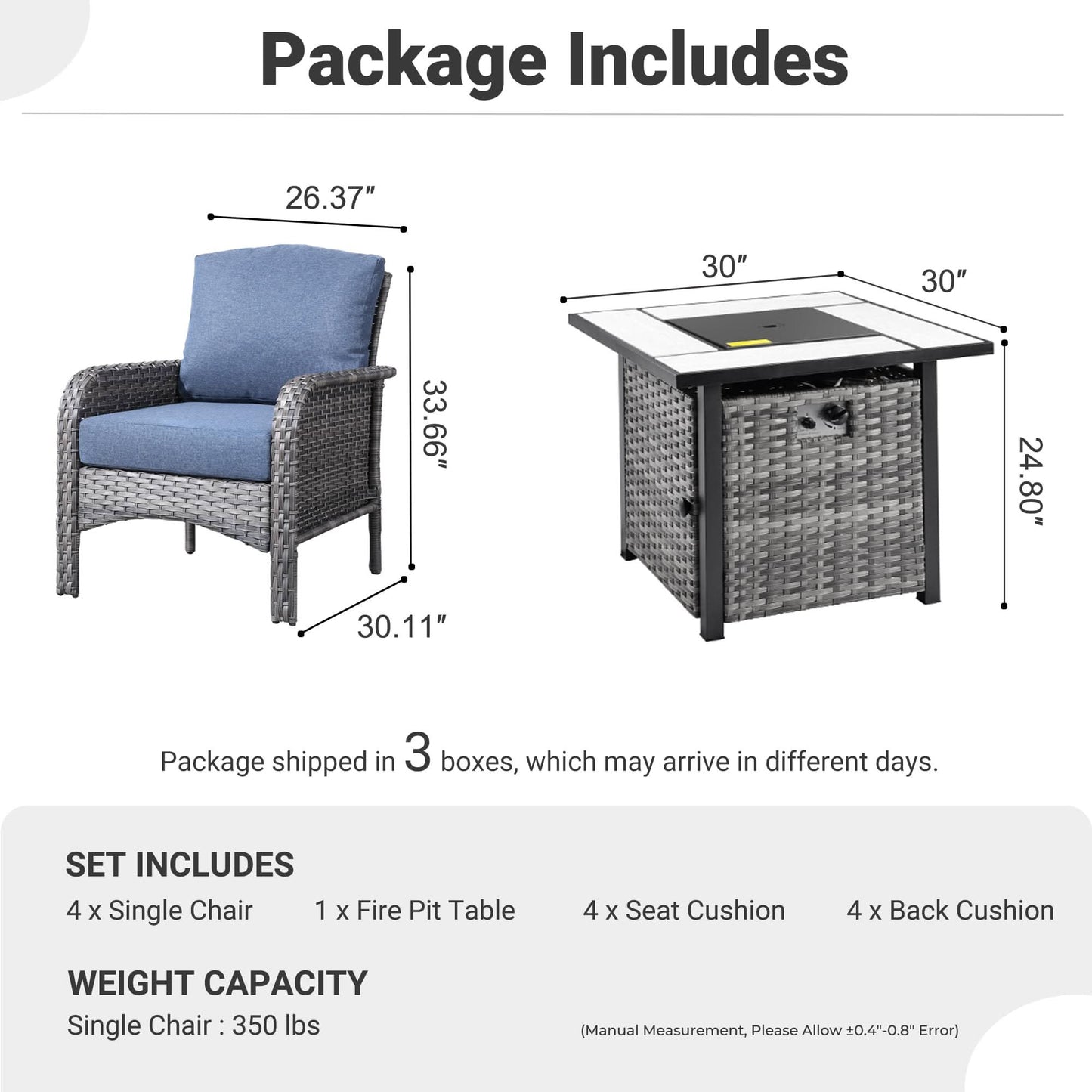 OVIOS 5-Piece Patio Set with Fire Pit Table,All Weather Grey Wicker Chairs & Cushions