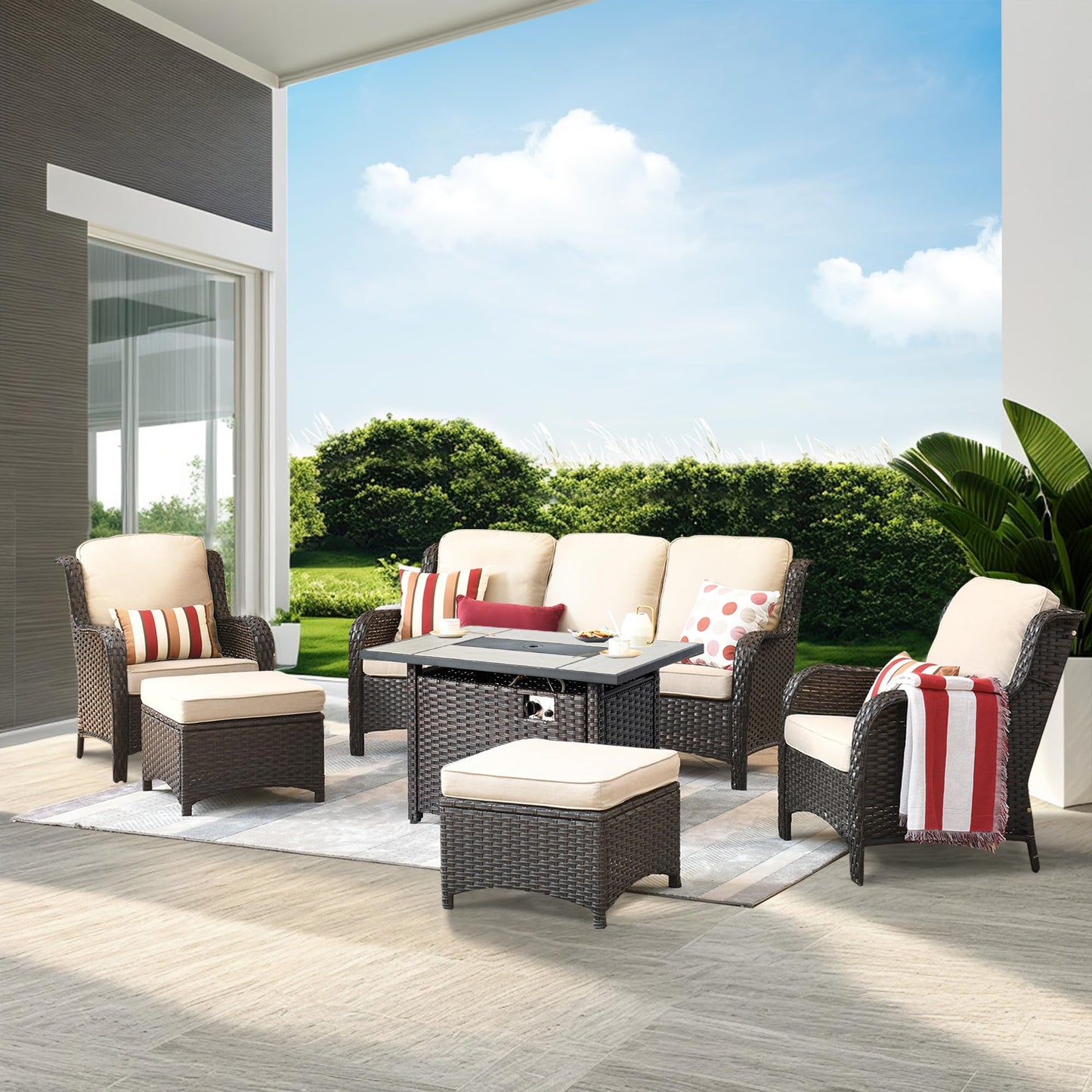OVIOS Patio 6-Piece Conversation Set with 42'' Rectangle Propane Fire Pit Table Kenard