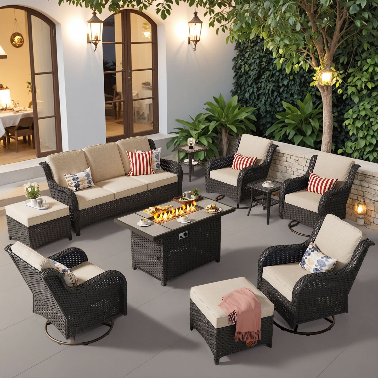 Ovios 10 Pieces Patio Furniture Set with Fire Pit Table Outdoor Wicker Sofa Loveseat and Swivel Rocking Glider Chairs