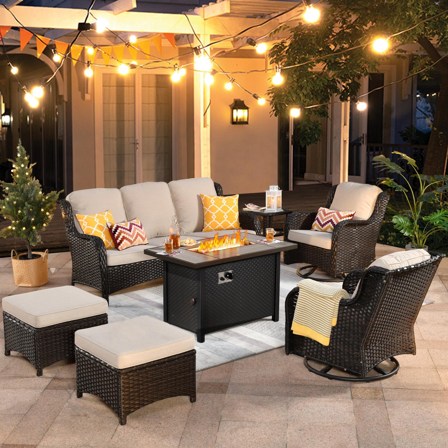 OVIOS Outdoor Furniture 7-Piece with 42'' Fire Pit Table and Kenard 2 Rocking Chairs