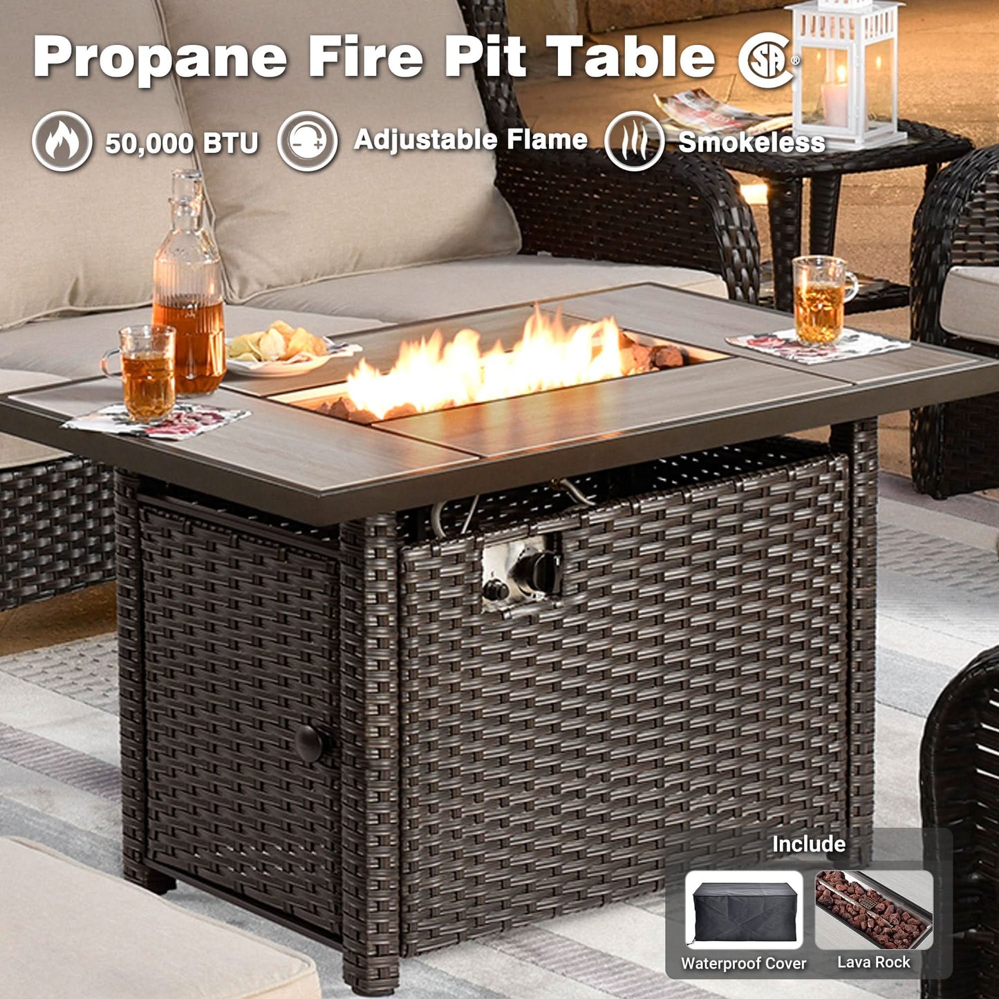 Ovios 10 Pieces Patio Furniture Set with Fire Pit Table Outdoor Wicker Sofa Loveseat and Swivel Rocking Glider Chairs