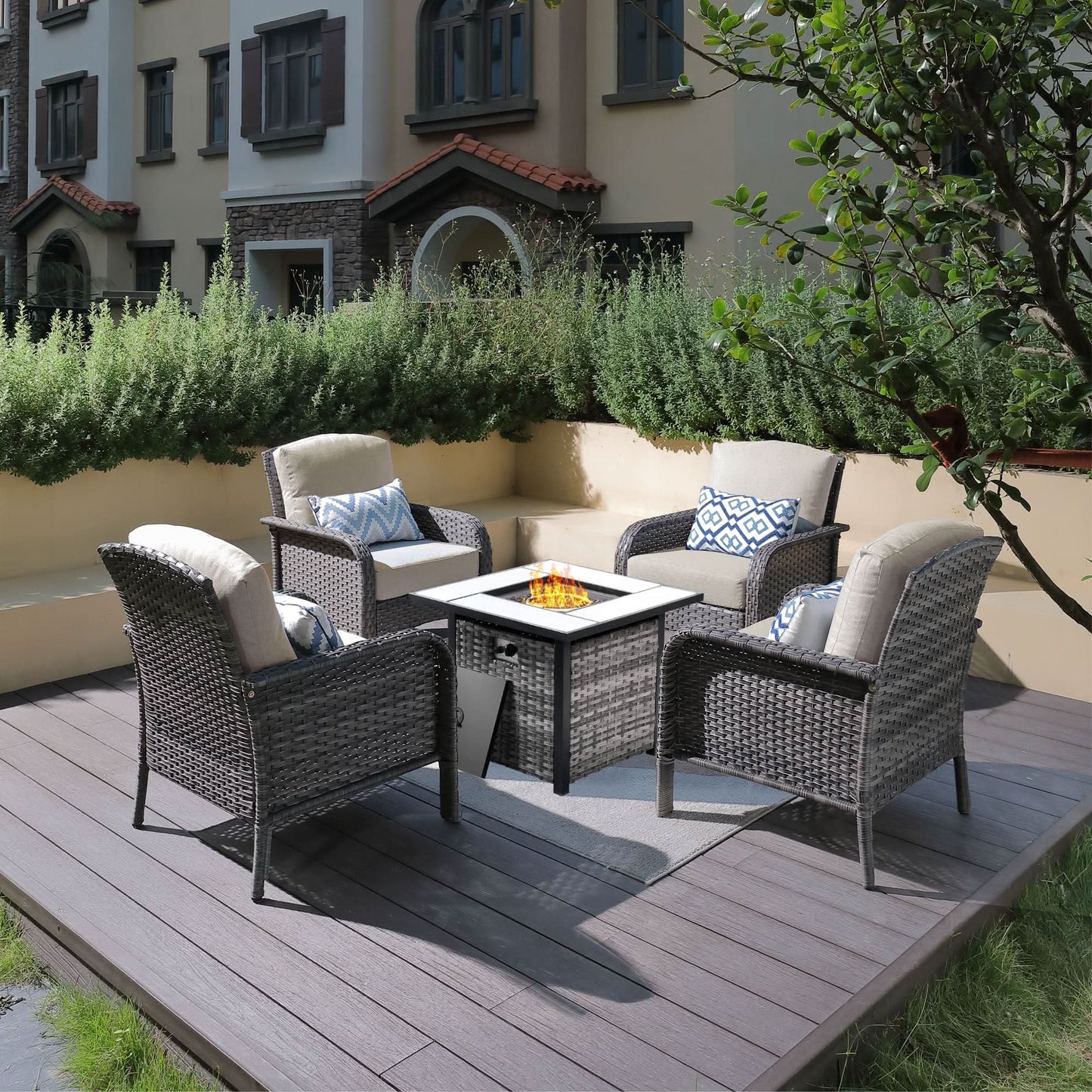 OVIOS 5-Piece Patio Set with Fire Pit Table,All Weather Grey Wicker Chairs & Cushions