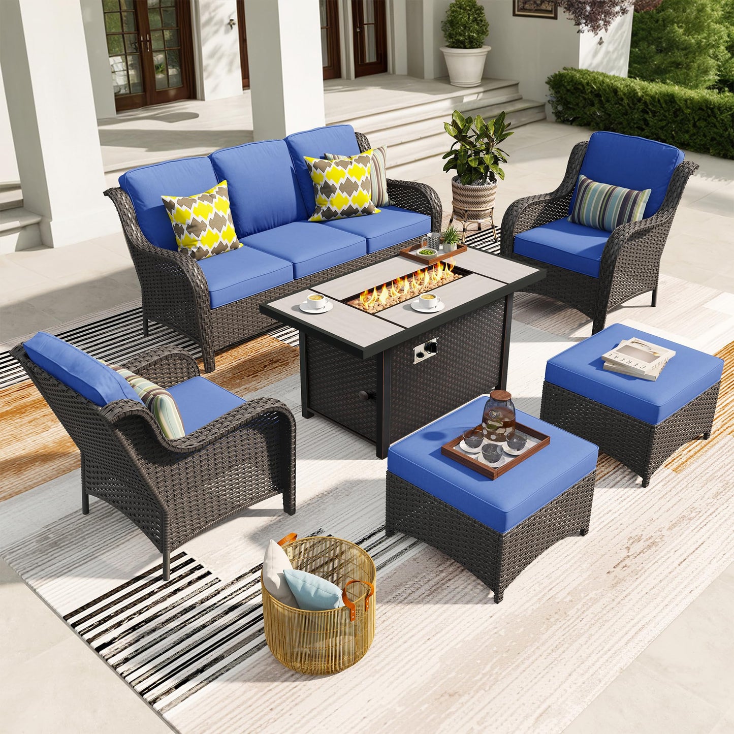 Ovios 6 Pieces Patio Furniture Set with 42" Firepit Table, Outdoor Wicker Sofa with Ottomans