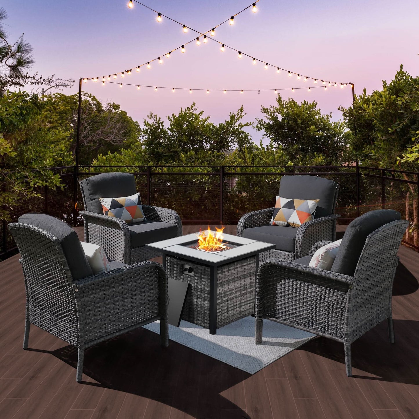 OVIOS 5-Piece Patio Set with Fire Pit Table,All Weather Grey Wicker Chairs & Cushions