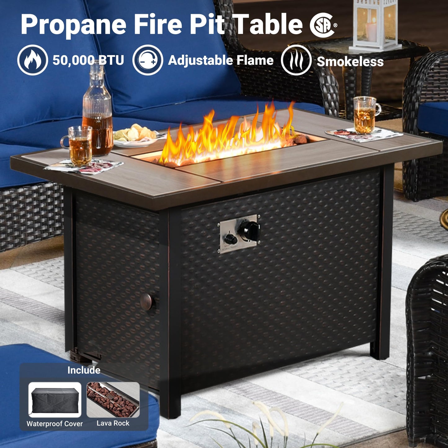 Ovios 6 Pieces Patio Furniture Set with 42" Firepit Table, Outdoor Wicker Sofa with Ottomans