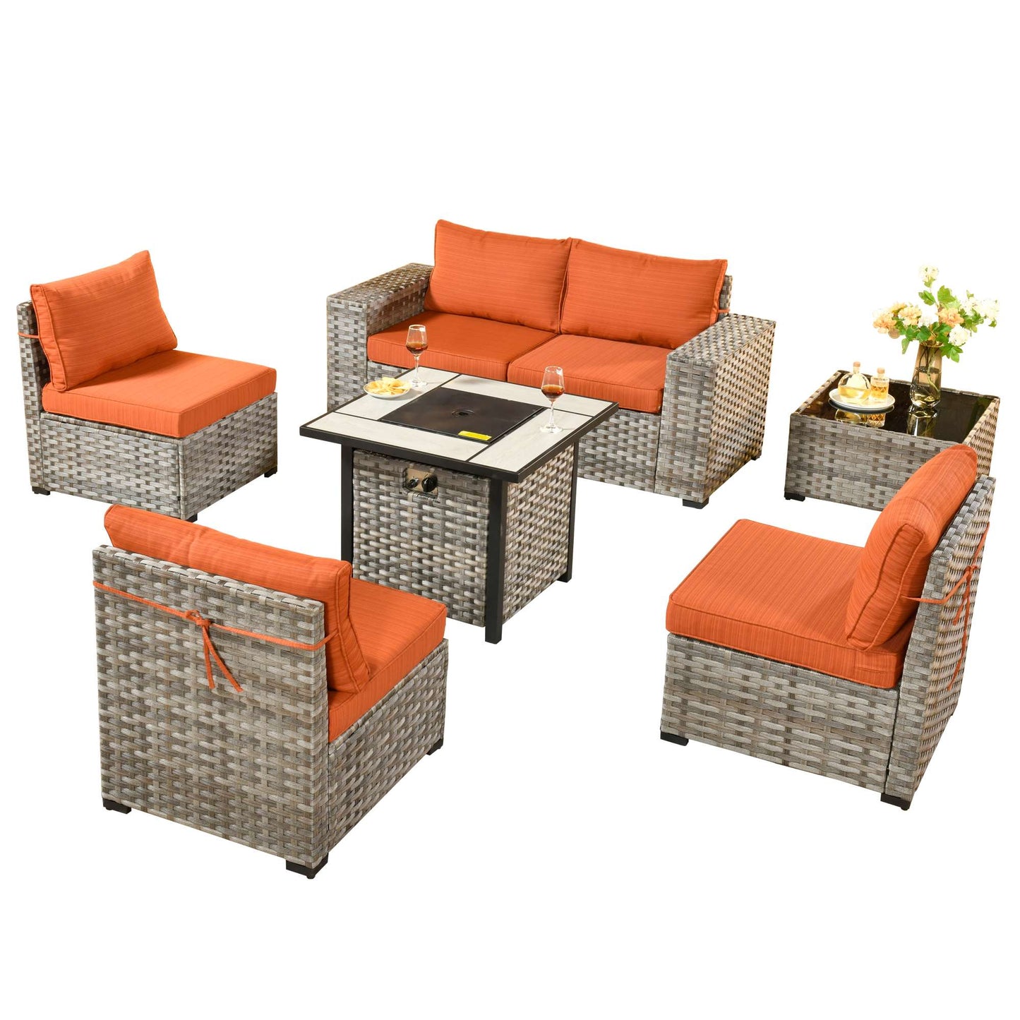 OVIOS 7 Pieces Patio Furniture Set with 7.68'' Broad Handrails and 30'' Fire Pit Table