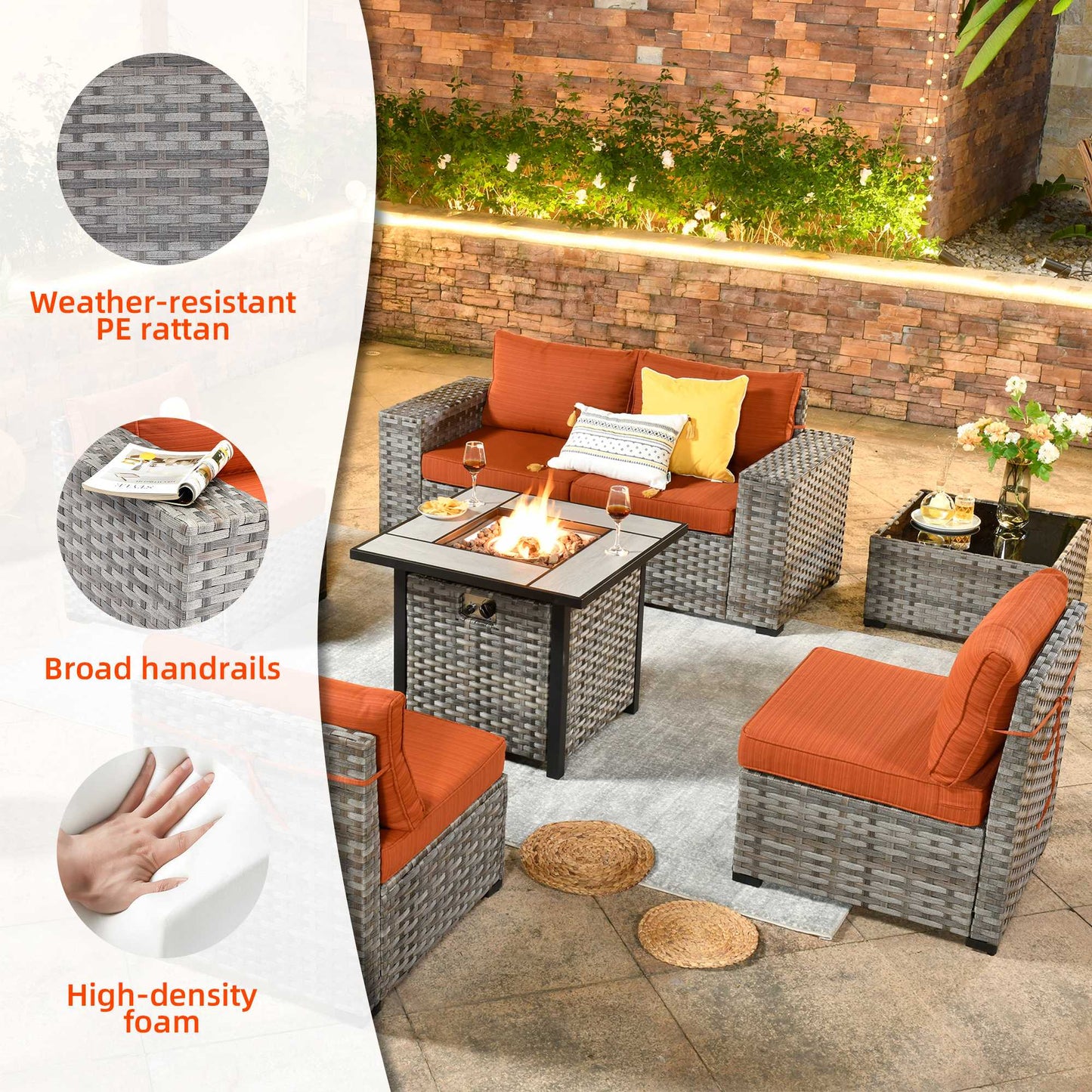 OVIOS 7 Pieces Patio Furniture Set with 7.68'' Broad Handrails and 30'' Fire Pit Table
