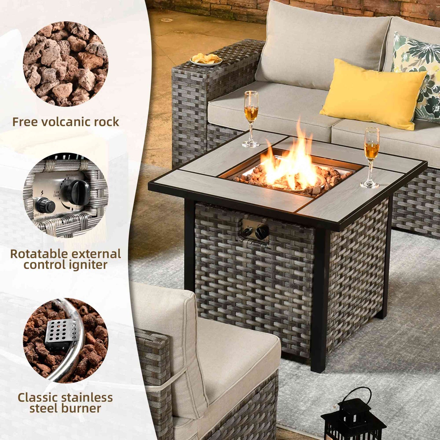OVIOS 7 Pieces Patio Furniture Set with 7.68'' Broad Handrails and 30'' Fire Pit Table