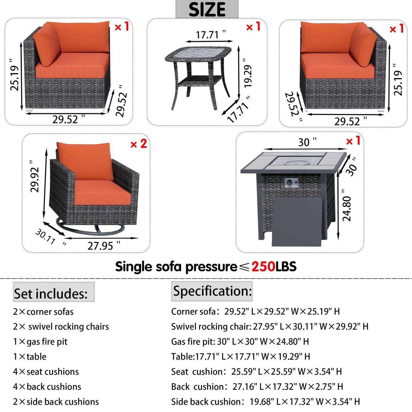 OVIOS Outdoor Sectional Furniture 6-Piece with Rocking Chair and 30'' Fire Pit Table