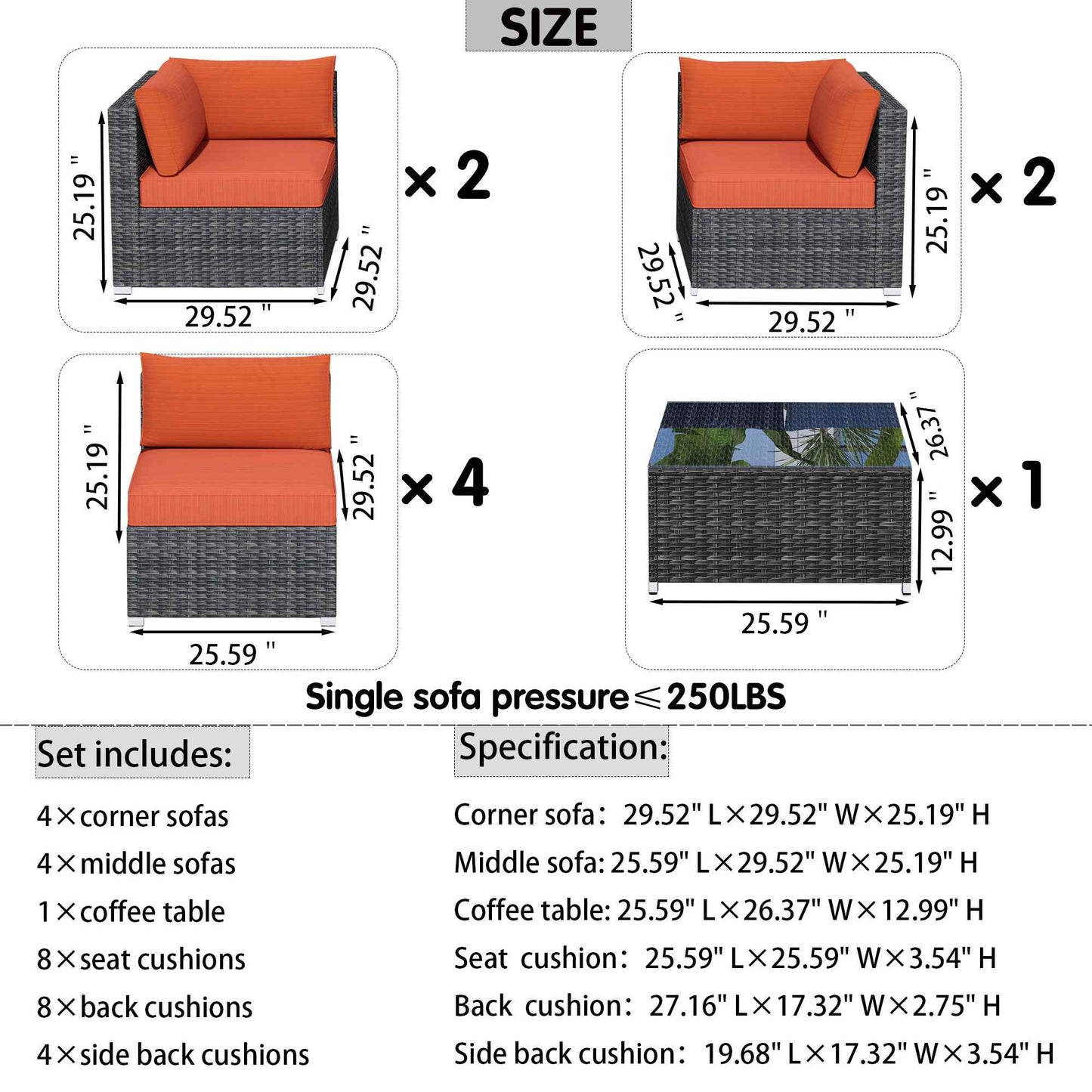 OVIOS Outdoor Sectional Furniture 9-Piece with Cushions and Table