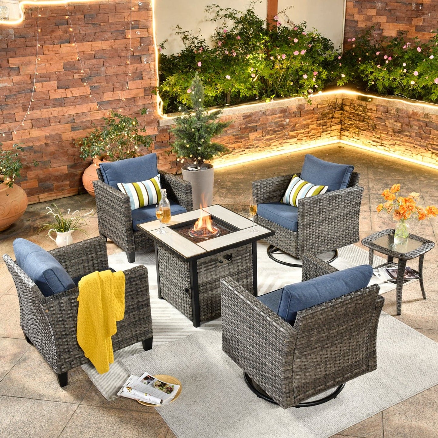 OVIOS Patio Vultros 6-Piece Conversation Set, 2 Swivel Chairs 2 Chairs with 30'' Propane Fire Pit Table