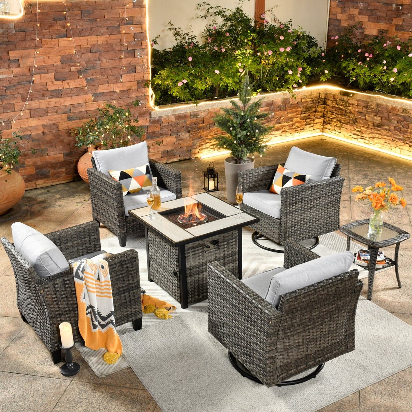 OVIOS Patio Vultros 6-Piece Conversation Set, 2 Swivel Chairs 2 Chairs with 30'' Propane Fire Pit Table