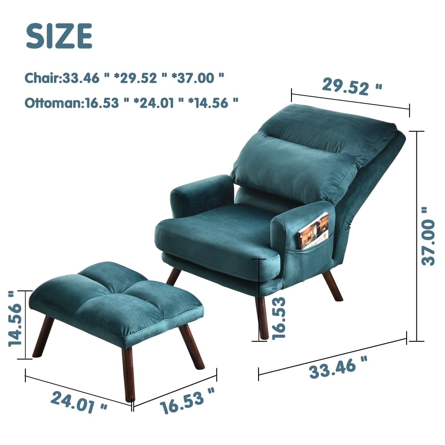 OVIOS Living Room Accent Chair with Ottoman, 6 Angles Adjustable