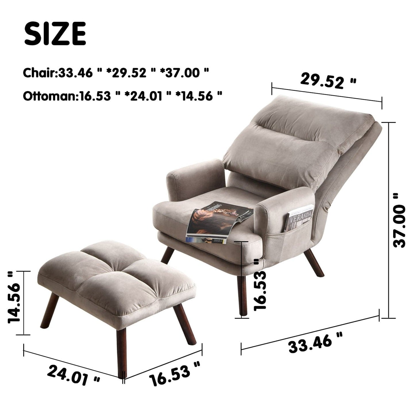 OVIOS Living Room Accent Chair with Ottoman, 6 Angles Adjustable