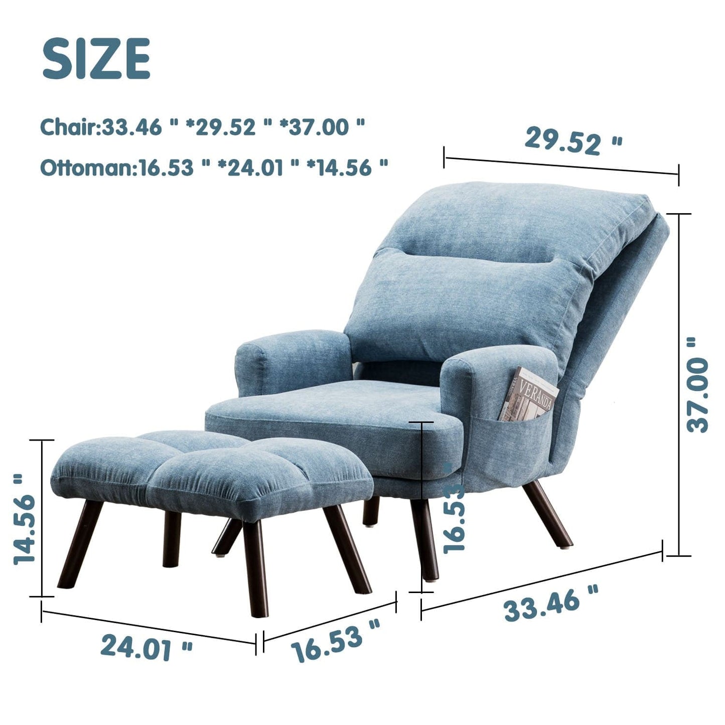 OVIOS Living Room Accent Chair with Ottoman, 6 Angles Adjustable