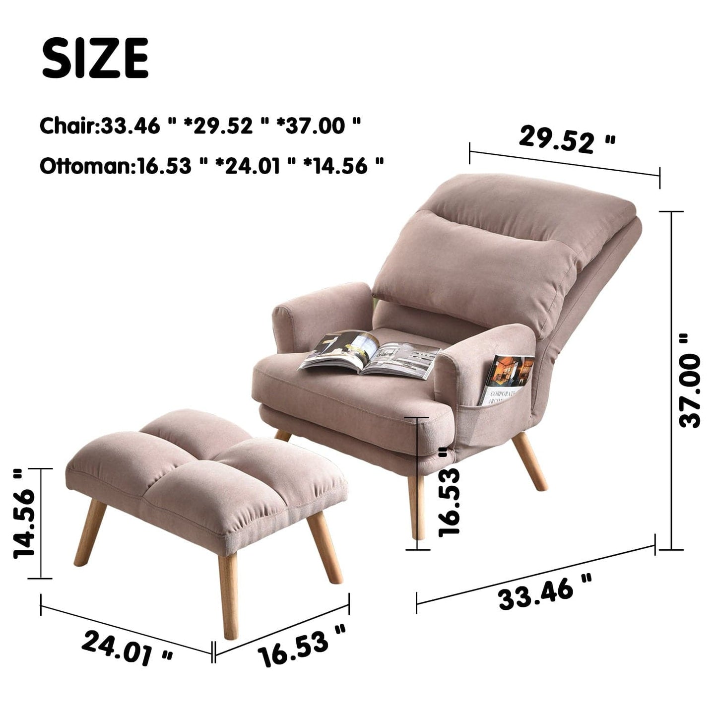 OVIOS Living Room Accent Chair with Ottoman, 6 Angles Adjustable