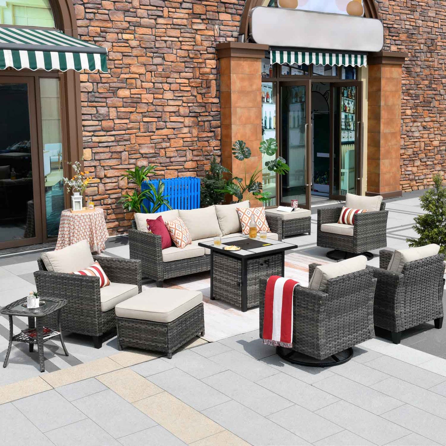 OVIOS Patio Vultros 9-Piece Set with 2 Swivel Chairs and 30'' Propane Fire Pit Table