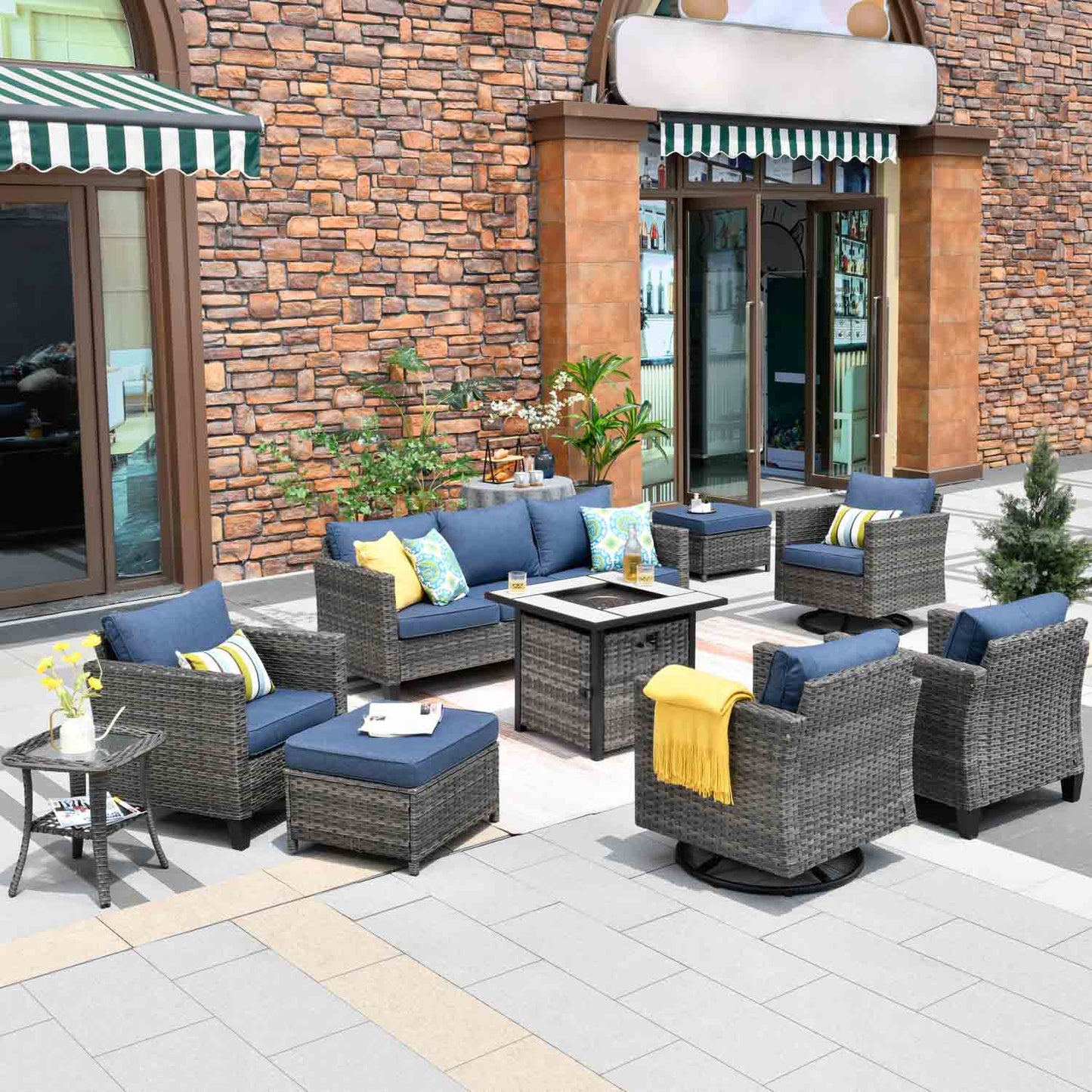 OVIOS Patio Vultros 9-Piece Set with 2 Swivel Chairs and 30'' Propane Fire Pit Table