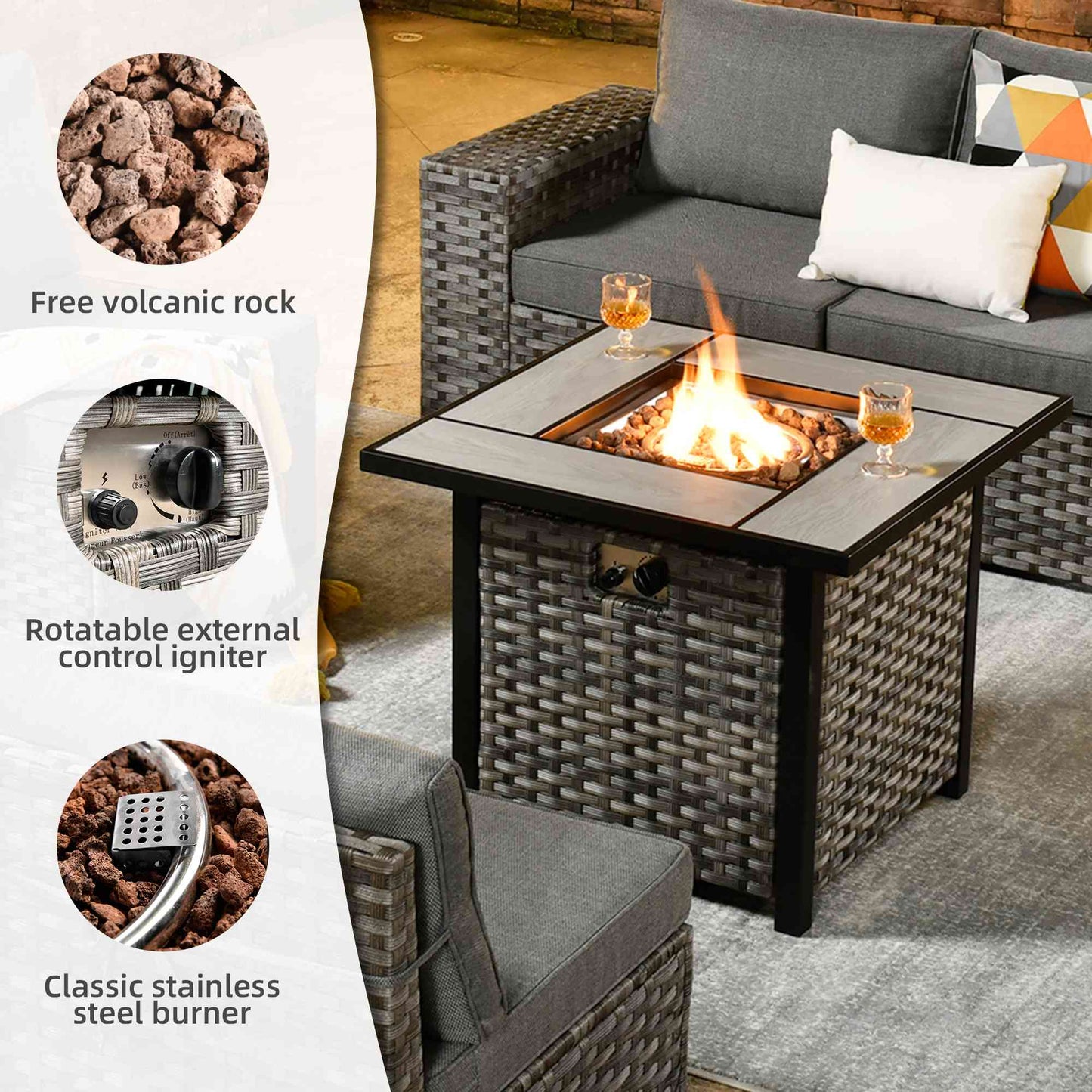 OVIOS 7 Pieces Patio Furniture Set with 7.68'' Broad Handrails and 30'' Fire Pit Table