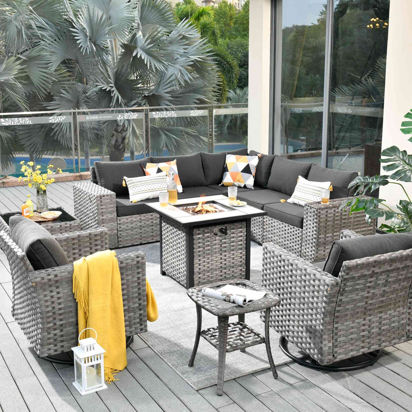 Ovios 10 Pieces Patio Furniture with 7.68'' Handrails and 30'' Fire Pit Table Rocking Chair