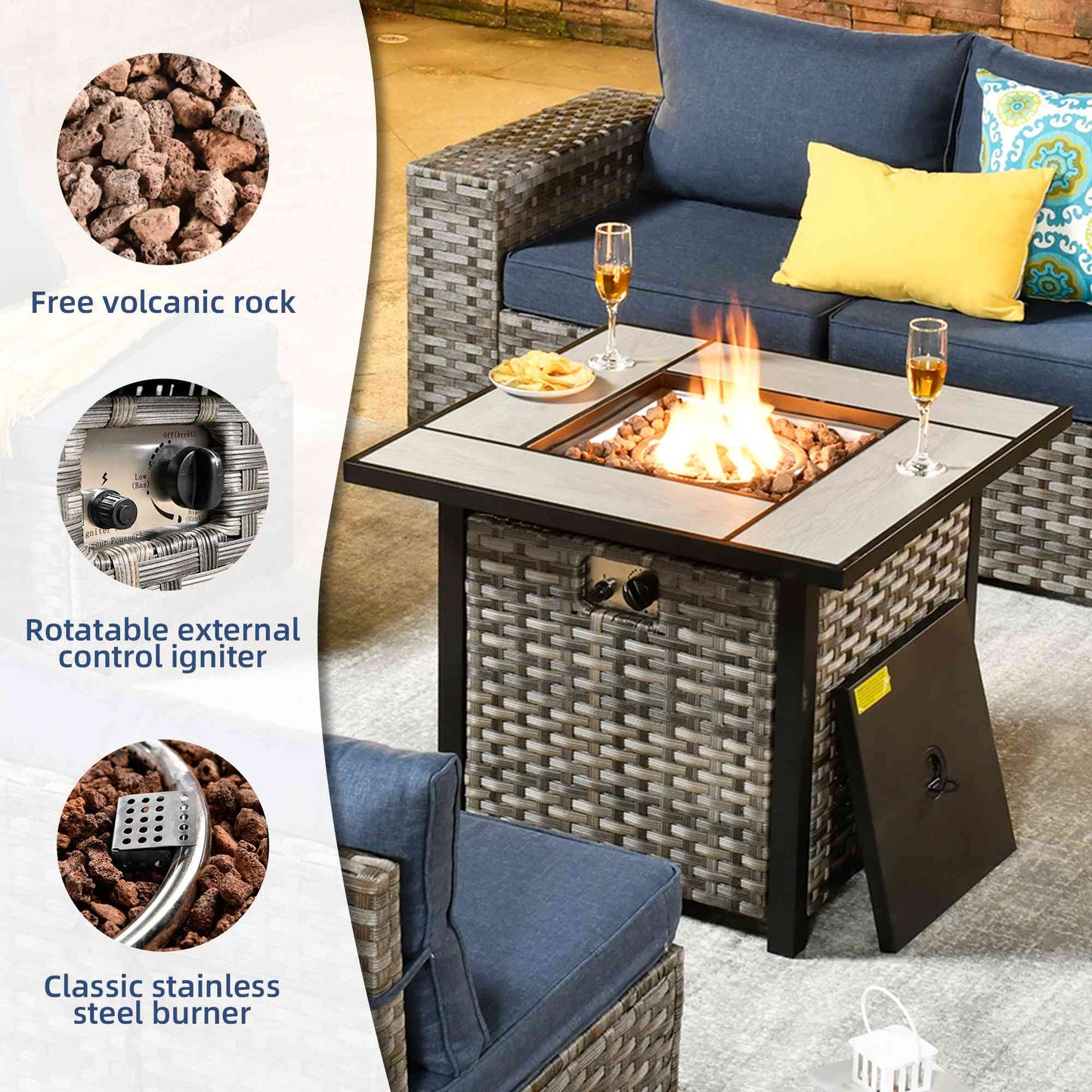 OVIOS 7 Pieces Patio Furniture Set with 7.68'' Broad Handrails and 30'' Fire Pit Table