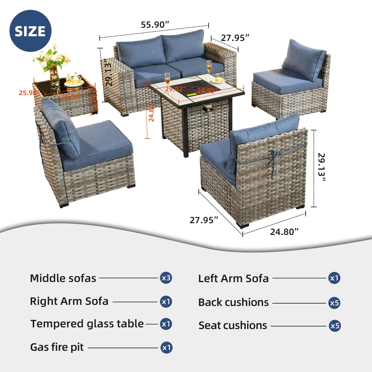 OVIOS 7 Pieces Patio Furniture Set with 7.68'' Broad Handrails and 30'' Fire Pit Table