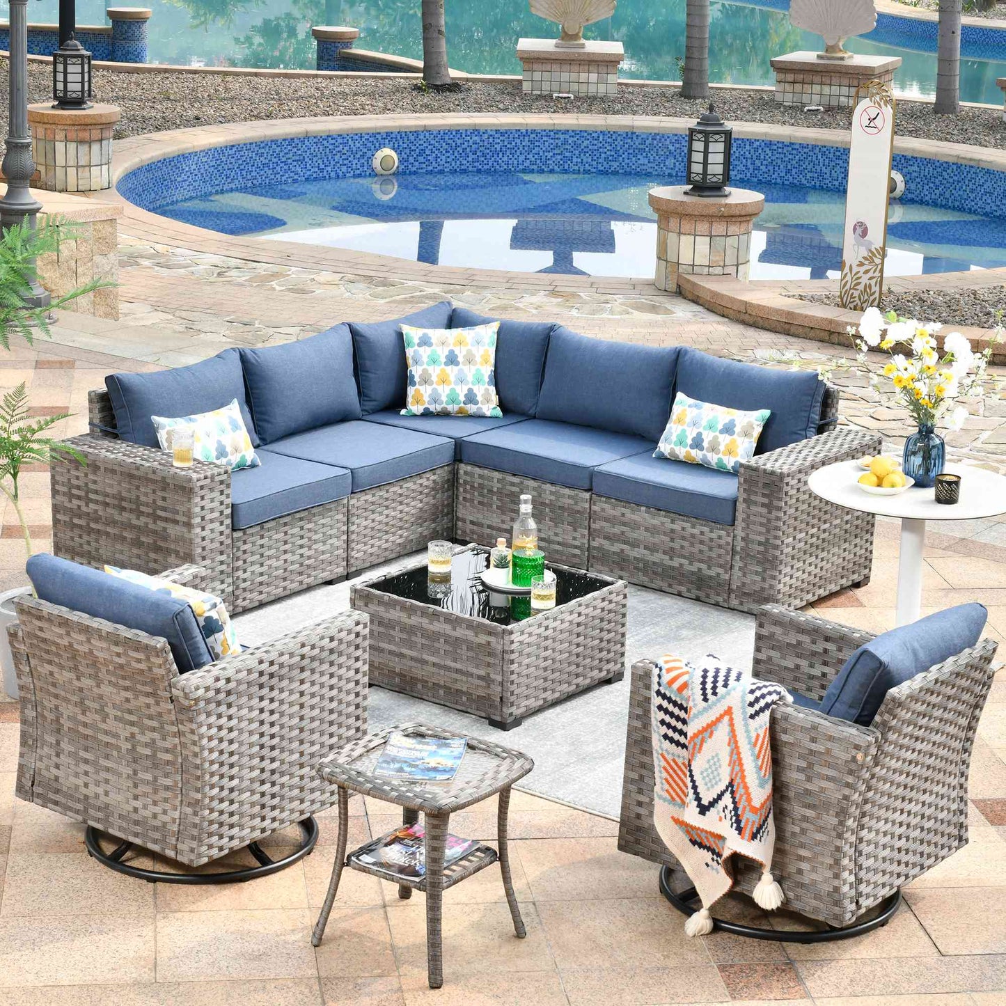 OVIOS 9 Pieces Outdoor Furniture with 7.68'' Broad Handrails and Rocking Chair