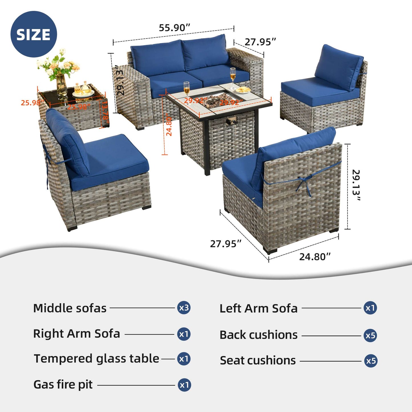 OVIOS 7 Pieces Patio Furniture Set with 7.68'' Broad Handrails and 30'' Fire Pit Table