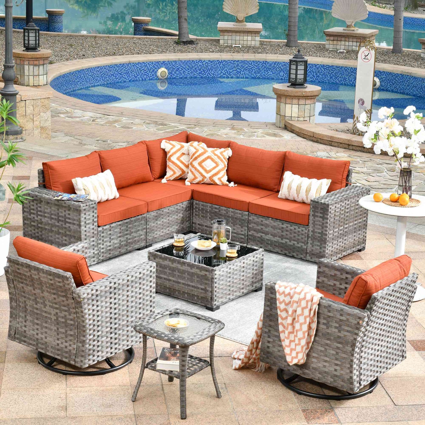 OVIOS 9 Pieces Outdoor Furniture with 7.68'' Broad Handrails and Rocking Chair