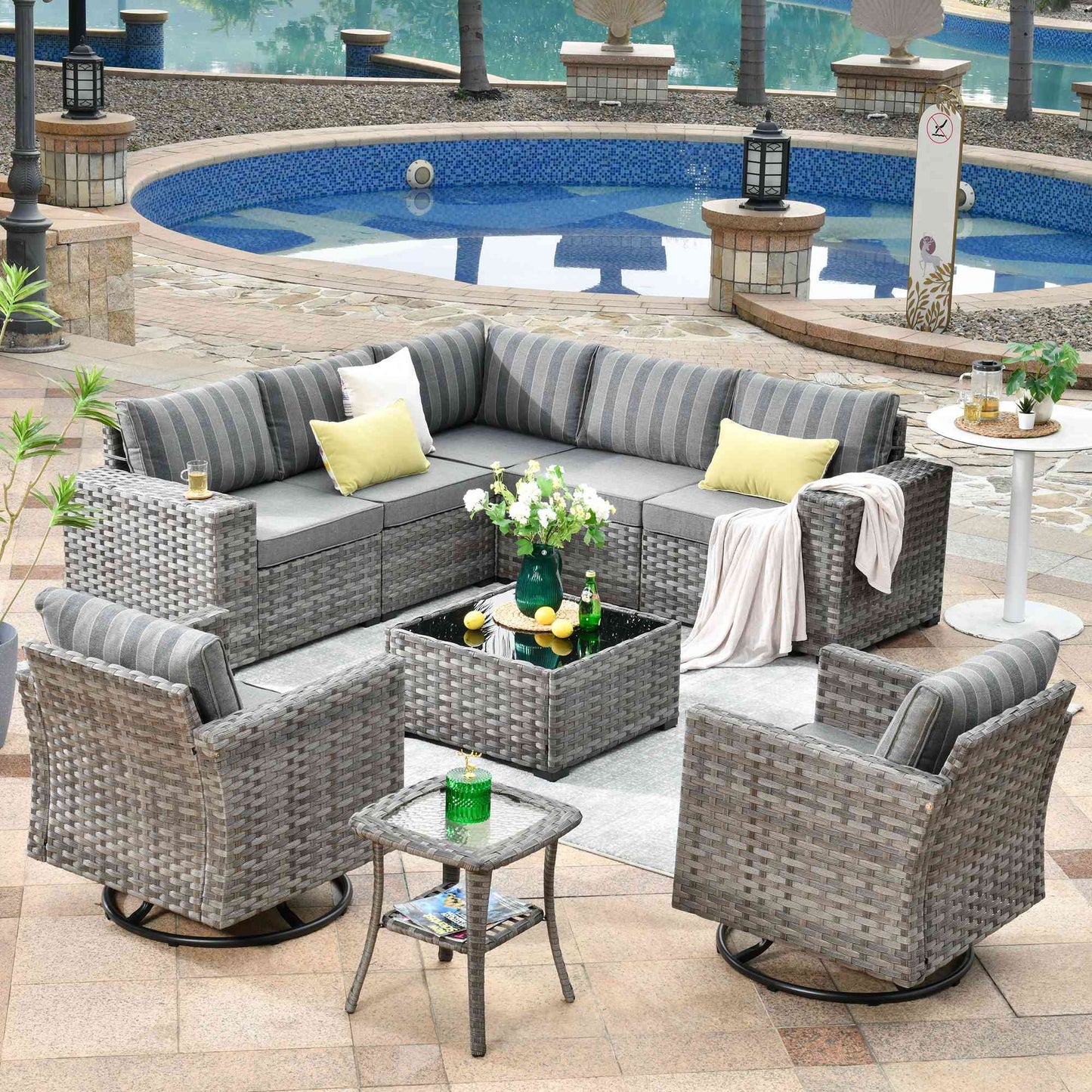 OVIOS 9 Pieces Outdoor Furniture with 7.68'' Broad Handrails and Rocking Chair